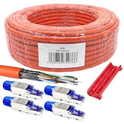 ARLI 100m Cat7 Verlegekabel + 4x RJ45 Netzwerkstecker Cat8.1 + Abisoliermesser Installationskabel Datenkabel S/FTP geschirmt LSZH halogenfrei Werkzeuglose Montage Ethernet Netzwerkkabel von ARLI