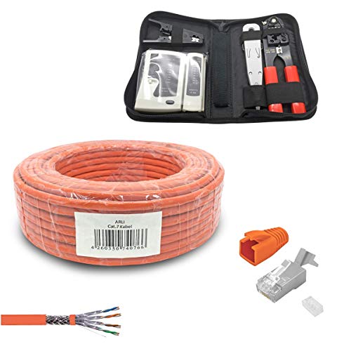 ARLI CAT 7 Verlegekabel 100m Netzwerkkabel CAT.7 + Crimpzange RJ45 Zange + Kabelmesser + 20x Netzwerkstecker Netzwerk Stecker 8 polig Plug LAN Halogenfrei Installationskabel CAT7 Kabel Netzwerk 100 m von ARLI