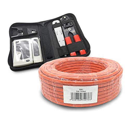 ARLI CAT 7 Verlegekabel 25m Netzwerkkabel + Werkzeug Set Crimpzange + LSA Anlegewerkzeug + Tester + Messer Halogenfrei Installationskabel Kabel Netzwerk Verkabelung Datenkabel CAT7 AWG23/1 Werkzeug von ARLI