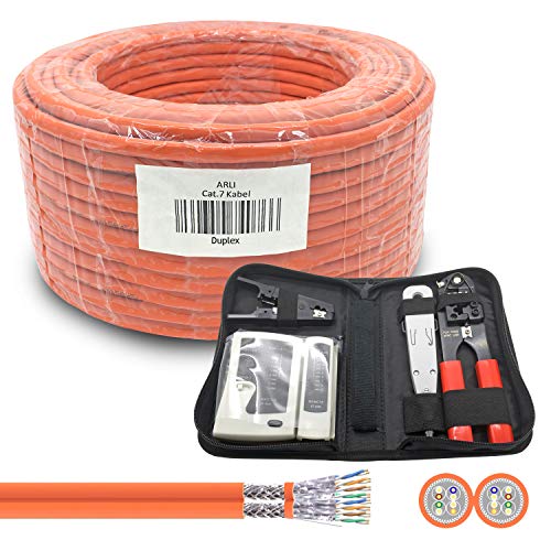 ARLI CAT 7 Verlegekabel 50m Duplex Netzwerkkabel + Werkzeugset Werkzeug Set Crimpzange + LSA Anlegewerkzeug + Tester + Messer Twin Installationskabel Kabel Netzwerk Verkabelung Datenkabel CAT7 Duo von ARLI