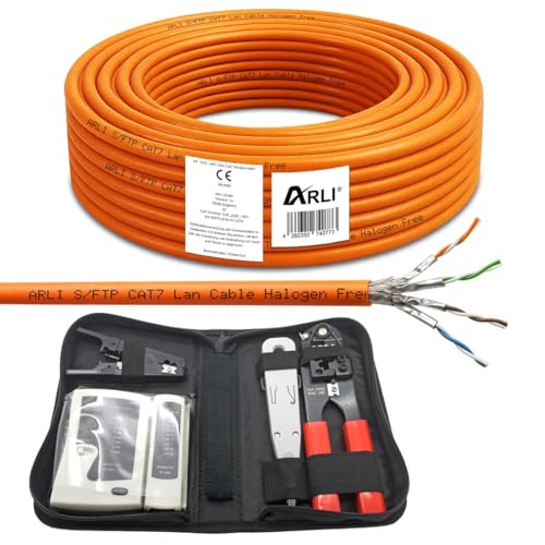 ARLI CAT 7 Verlegekabel 50m Netzwerkkabel + Werkzeug Set Crimpzange + LSA Anlegewerkzeug + Tester + Messer Halogenfrei Installationskabel Kabel Netzwerk Verkabelung Datenkabel CAT7 AWG23/1 Werkzeug von ARLI