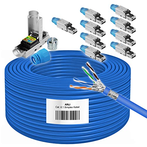 ARLI CAT8 Verlegekabel 100 m Cat 8.1 Netzwerkkabel + 10 RJ45 Netzwerkstecker Werkzeuglose Montage Halogenfrei Installationskabel 100m Kabel Lan Netzwerk 10x Stecker von ARLI