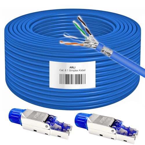 ARLI CAT8 Verlegekabel 25m Cat 8.1 Netzwerkkabel + 2x RJ45 Netzwerkstecker Werkzeuglose Montage Halogenfrei Installationskabel 25m Kabel Lan Netzwerk 2 x Stecker von ARLI