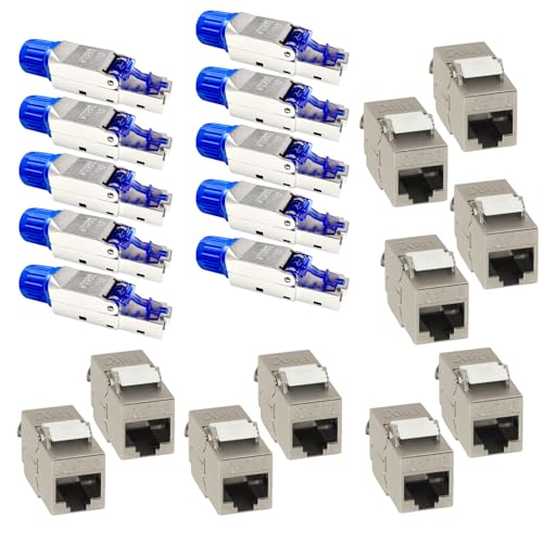 ARLI Cat8 Set = Cat8.1 RJ45 10 Keystone + 10 Netzwerkstecker Jack Modul Netzwerk Stecker Buchse 2000 MHz 40Gbit vollgeschirmt Metall werkzeuglos werkzeugfrei LSA Snap In Montage STP Cat Netzwerkkabel von ARLI