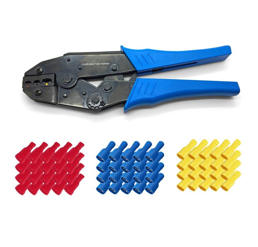 ARLI Crimpzange ARLI Handcrimpzange 0,5 - 6 mm² - Crimpzange Presszangen Zange + 40 x rot + 50 x blau + 10 x gelb Flachsteckhülsen 6,3 x 0,8 mm von ARLI