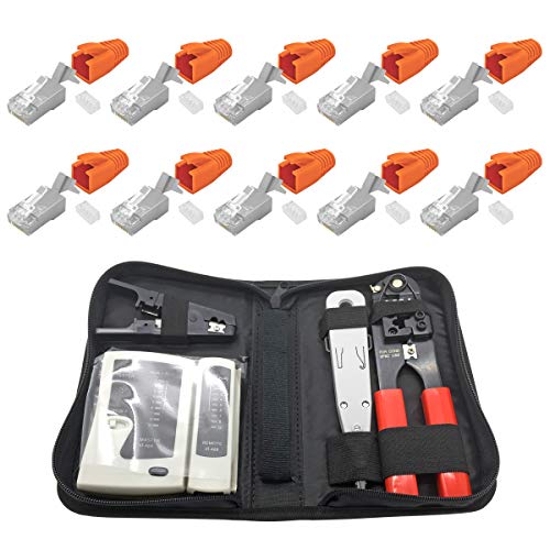 ARLI RJ45 Netzwerk Werkzeug Set 10x Netzwerkstecker Netzwerk Stecker Modular Zugentlastung Einführhilfe für Verlegekabel Cat7 Cat6a Cat8.1 Crimpzange Abisolierer LSA Anlegewerkzeug Netzwerktester von ARLI