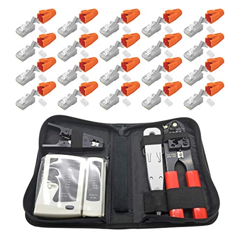 ARLI RJ45 Netzwerk Werkzeug Set 20x Netzwerkstecker Netzwerk Stecker Modular Zugentlastung Einführhilfe für Verlegekabel Cat7 Cat6a Cat8.1 Crimpzange Abisolierer LSA Anlegewerkzeug Netzwerktester von ARLI