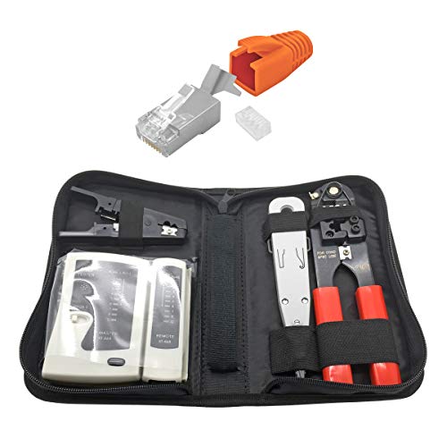 ARLI RJ45 Netzwerk Werkzeug Set 50x Netzwerkstecker Netzwerk Stecker Modular Zugentlastung Einführhilfe für Verlegekabel Cat7 Cat6a Cat8.1 Crimpzange Abisolierer LSA Anlegewerkzeug Netzwerktester von ARLI