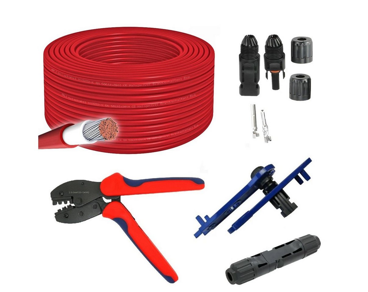 ARLI Solaranlage 100m Solarkabel 4 mm² H1Z2Z2-K rot + Crimzange + 10 Paar MC4 Stecker, (100m, 1-St., Kabel), Solar Kabel Werkzeug Set von ARLI