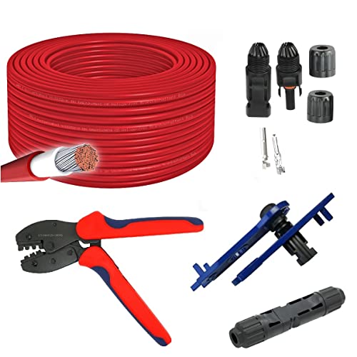 ARLI Solarkabel 100m H1Z2Z2-K 6 mm² rot Werkzeug Set inkl. Crimpzange + Schraubenschlüssel + 10 Paar MC4 Solar Stecker und Buchse Solarsteckverbinder 1500V Solar Kabel Litze Leitung von ARLI