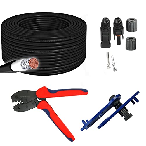 ARLI Solarkabel 100m H1Z2Z2-K 6 mm² schwarz Werkzeug Set inkl. Crimpzange + Schraubenschlüssel + 10 Paar MC4 Solar Stecker und Buchse Solarsteckverbinder 1500V Solar Kabel Litze Leitung von ARLI