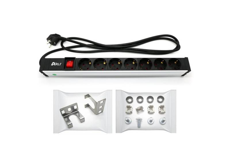 ARLI Steckdosenleiste 7 fach für Netzwerkschrank 19" Serverschrank 1U Steckdosenleiste 7-fach (Universal, Schutzkontaktsteckdosen, Kabellänge 1.5 m), An-/Ausschalter, Gehäuse aus Aluminium Profil von ARLI