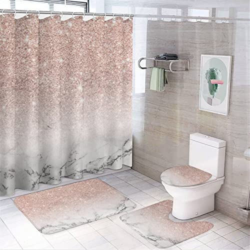 4 Stück Duschvorhang Set weicher & Rutschfester Badteppich, U-förmige Konturmatte, Toilettendeckelabdeckung für das Badezimmer (Rose Marmor) von ARLTTH