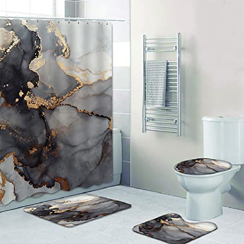 ARLTTH 4-teiliges Geometrisches Marmor-duschvorhang-Set, Weicher Und Rutschfester Badezimmerteppich, U-förmige Konturmatte, Toilettendeckelabdeckung (72 X 72 Zoll Vorhang Mit 12 Haken) von ARLTTH