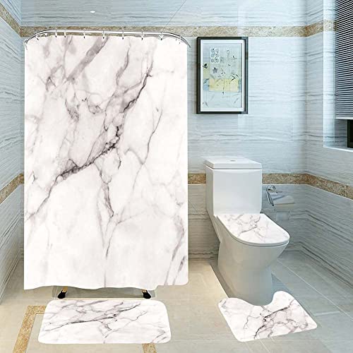 ARLTTH 4-teiliges Geometrisches Marmor-duschvorhang-Set, Weicher Und Rutschfester Badezimmerteppich, U-förmige Konturmatte, Toilettendeckelabdeckung (72 X 72 Zoll Vorhang Mit 12 Haken) von ARLTTH