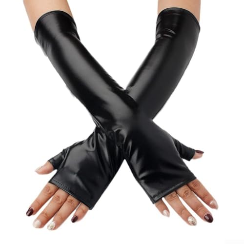 Cosplay dekorative fingerlose Lederhandschuhe 40 cm für Frauen, enge Passform, geeignet für Nachtclubs (schwarz) von ARMYJY