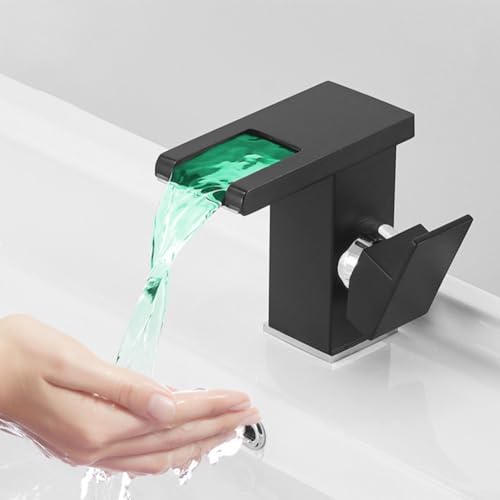 ARMYJY LED Bad Waschbecken Wasserhahn, Einhandgriff, 1 Loch Deck Mount Kalt Heiße Mischbatterie LED Lichter 3 Farbwechsel Bad Eitelkeit Armaturen (Schwarz) von ARMYJY