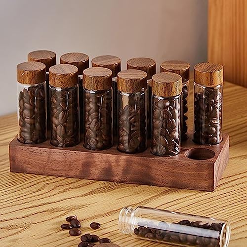 ARMYJY Reagenzglas für Kaffeebohnen, aus Glas, Walnuss-Präsentationsständer und Trichter, Kaffeebar, Espresso-Set (Basis mit 12 Löchern) von ARMYJY