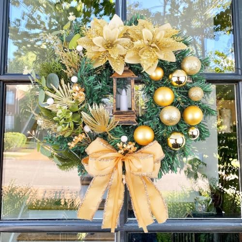 Weihnachtskranz mit LED-beleuchteter roter Schleife für Tür und Fenster, mit langlebigem Kunststoff- und Drahtrahmen-Design (B-40 cm) von ARMYJY