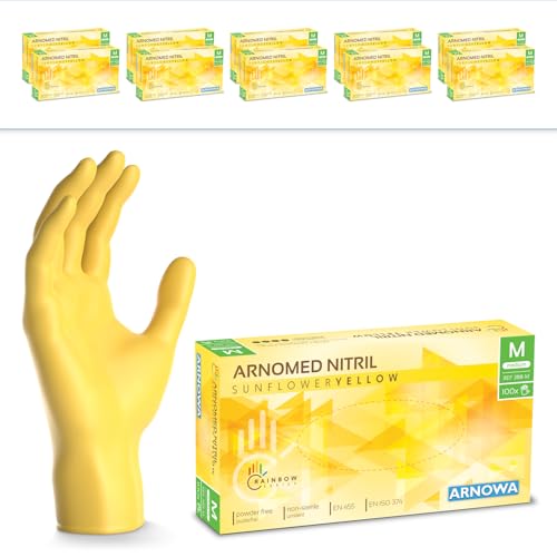 1000 Stk (10x100) ARNOMED Einweghandschuhe Gelb, Einmalhandschuhe M, Nitril Handschuhe Einweg, Nitrilhandschuhe puderfrei, Gummihandschuhe Einweg, Schutzhandschuhe, Handschuhe Nitril in S, M, L, XL von ARNOMED