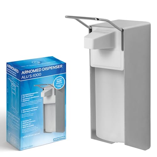 1x ARNOMED Desinfektionsspender Aluminium, Seifenspender für 1000ml, kurzer Armhebel, Seifenspender zur Wandbefestigung, Eurospender für Desinfektionsmittel, Soap Dispenser, Desinfektionsmittelspender von ARNOMED