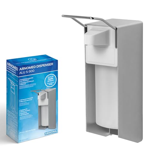 1x ARNOMED Desinfektionsspender Aluminium, Seifenspender für 500ml, kurzer Armhebel, Seifenspender zur Wandbefestigung, Eurospender für Desinfektionsmittel, Soap Dispenser, Desinfektionsmittelspender von ARNOMED