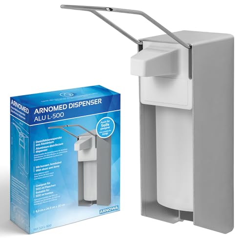 1x ARNOMED Desinfektionsspender Aluminium, Seifenspender für 500ml, langer Armhebel, Seifenspender zur Wandbefestigung, Eurospender für Desinfektionsmittel, Soap Dispenser, Desinfektionsmittelspender von ARNOMED