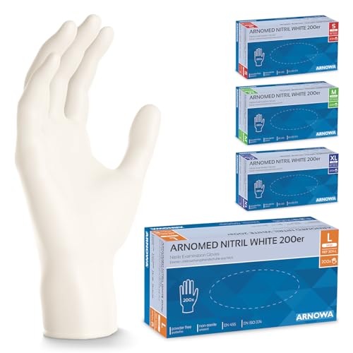 400x ARNOMED Einweghandschuhe Weiß, Einmalhandschuhe L, Handschuhe Einweg (2x200 Stk), Gummihandschuhe puderfrei, latexfreie Nitrilhandschuhe in S, M, L & XL, Putzhandschuhe, Koch-/Küchen-Handschuhe von ARNOMED