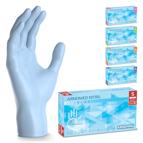 500 Stück ARNOMED Einweghandschuhe Hellblau, Einmalhandschuhe S, Nitril Handschuhe Einweg, Nitrilhandschuhe puderfrei, Gummihandschuhe Einweg, Schutzhandschuhe, Handschuhe Nitril in XS, S, M, L, XL von ARNOMED