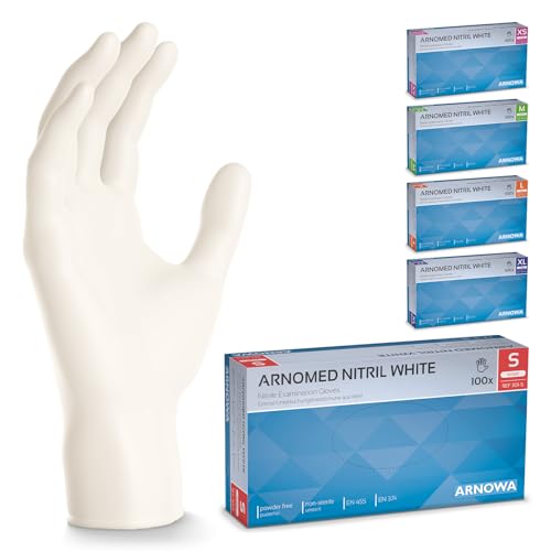500 Stück ARNOMED Einweghandschuhe Weiß, Einmalhandschuhe S, Nitril Handschuhe Einweg, Nitrilhandschuhe puder-/latexfrei, Gummihandschuhe Einweg, Schutzhandschuhe, Handschuhe Nitril XS, S, M, L, XL von ARNOMED
