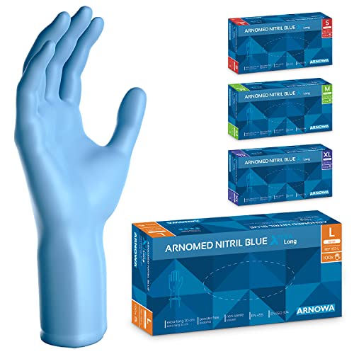 ARNOMED Einweghandschuhe Blau Extra Lang, 30cm Lange Einmalhandschuhe XL, Nitrilhandschuhe Einweg Extra Dick, 100 Stk/Box, Gummihandschuhe Lang Einweg, Nitrilhandschuhe Langer Schaft in S, M, L & XL von ARNOMED