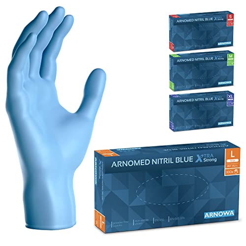 ARNOMED Einweghandschuhe Blau Extra Stark, Einmalhandschuhe in L, 50% dickere Nitrilhandschuhe, 100 Stk./Box, Handschuhe Einweg puderfrei, latexfreie Gummihandschuhe, Einweghandschuhe in S, M, L & XL von ARNOMED