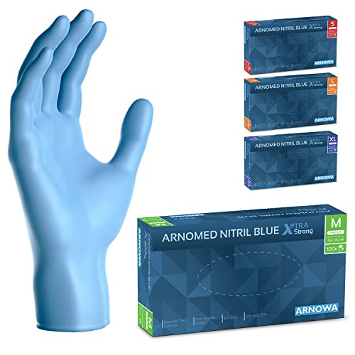 ARNOMED Einweghandschuhe Blau Extra Stark, Einmalhandschuhe in M, 50% dickere Nitrilhandschuhe, 100 Stk./Box, Handschuhe Einweg puderfrei, latexfreie Gummihandschuhe, Einweghandschuhe in S, M, L & XL von ARNOMED
