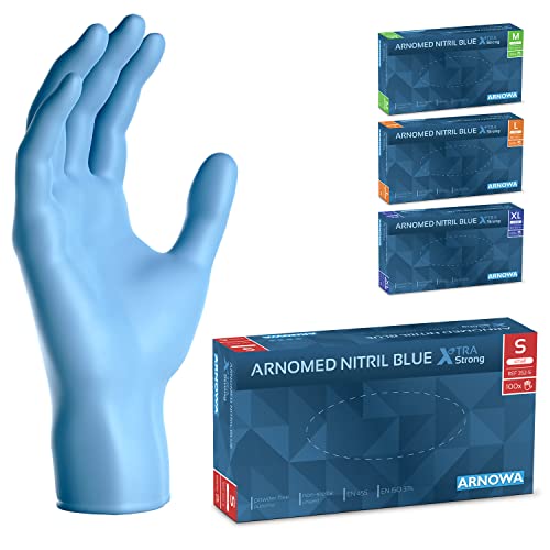 ARNOMED Einweghandschuhe Blau Extra Stark, Einmalhandschuhe in S, 50% dickere Nitrilhandschuhe, 100 Stk./Box, Handschuhe Einweg puderfrei, latexfreie Gummihandschuhe, Einweghandschuhe in S, M, L & XL von ARNOMED