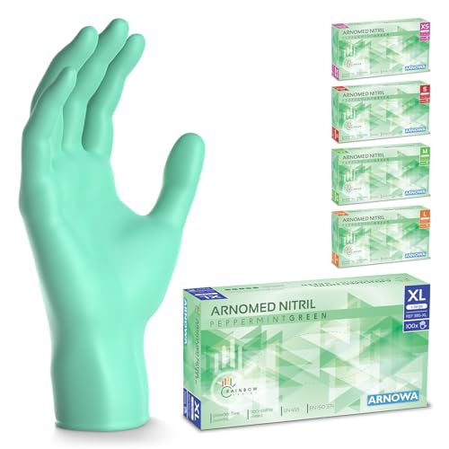 ARNOMED Einweghandschuhe Grün 100 Stück/Box, Nitrilhandschuhe XL, Einmalhandschuhe, Handschuhe Einweg puderfrei, latexfreie Gummihandschuhe, Einweghandschuhe in XS, S, M, L & XL verfügbar von ARNOMED