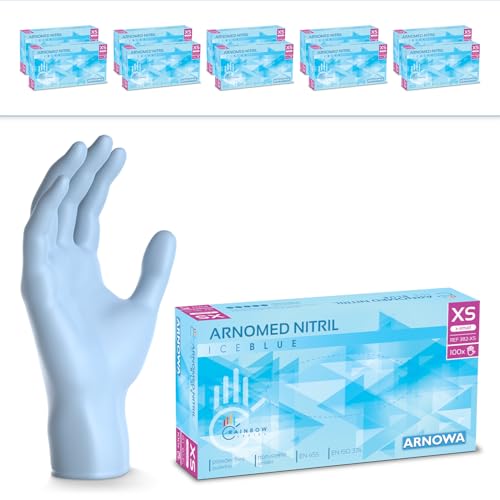 1000 Stück ARNOMED Einweghandschuhe Hellblau, Einmalhandschuhe XS, Nitril Handschuhe Einweg, Nitrilhandschuhe puderfrei, Gummihandschuhe Einweg, Schutzhandschuhe, Handschuhe Nitril in XS, S, M, L, XL von ARNOMED