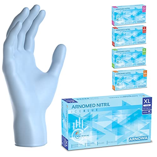 ARNOMED Einweghandschuhe Hellblau 100 Stück/Box, Nitrilhandschuhe XL, Einmalhandschuhe, Handschuhe Einweg puderfrei, latexfreie Gummihandschuhe, Einweghandschuhe in XS, S, M, L & XL verfügbar von ARNOMED