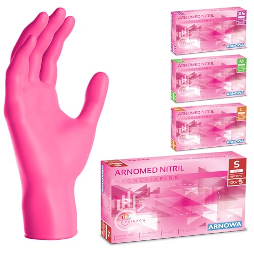 ARNOMED Einweghandschuhe Pink, Einmalhandschuhe S, Nitrilhandschuhe mit 100 Stück/Box, Handschuhe Einweg puderfrei, latexfreie Gummihandschuhe, Einweghandschuhe in XS, S, M, L & XL verfügbar von ARNOMED