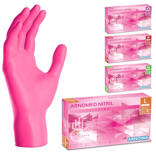 ARNOMED Einweghandschuhe Pink, Nitrilhandschuhe L, Einmalhandschuhe mit 100 Stück/Box, Handschuhe Einweg puderfrei, latexfreie Gummihandschuhe, Einweghandschuhe in XS, S, M, L & XL verfügbar von ARNOMED