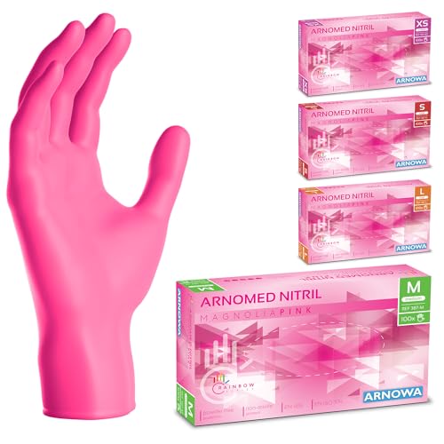 ARNOMED Einweghandschuhe Pink, Nitrilhandschuhe M, Einmalhandschuhe mit 100 Stück/Box, Handschuhe Einweg puderfrei, latexfreie Gummihandschuhe, Einweghandschuhe in XS, S, M, L & XL verfügbar von ARNOMED