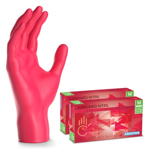 200x ARNOMED Einweghandschuhe Rot (2x100 Stück), Einmalhandschuhe M, Nitril Handschuhe Einweg, Nitrilhandschuhe puderfrei, Gummihandschuhe Einweg, Schutzhandschuhe, Handschuhe Nitril XS, S, M, L, XL von ARNOMED
