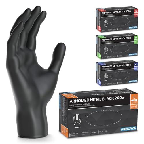 200x ARNOMED Einweghandschuhe Schwarz, Einmalhandschuhe L, Nitrilhandschuhe puderfrei, Handschuhe Einweg latexfrei, Gummihandschuhe Einweg, Handschuhe Nitril, Einmalhandschuhe S, M, L & XL von ARNOMED