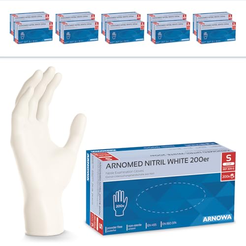 2000x ARNOMED Einweghandschuhe Weiß, Einmalhandschuhe S, Handschuhe Einweg (10x200 Stk), Gummihandschuhe puderfrei, latexfreie Nitrilhandschuhe in S, M, L, XL, Putzhandschuhe, Koch-/Küchen-Handschuhe von ARNOMED