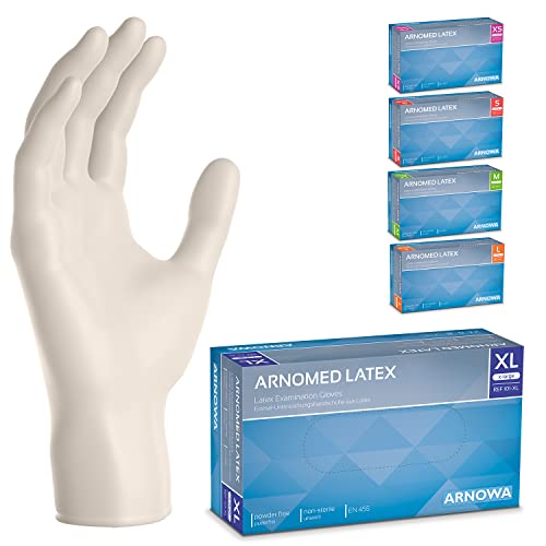 ARNOMED 100x Einweghandschuhe XL, Latexhandschuhe Weiß (1x100 Stück), Einweghandschuhe puderfrei, Handschuhe Latex Einweg, Putzhandschuhe, Latex Handschuhe, Einmal-/Einweg-Handschuhe XS, S, M, L & XL von ARNOMED