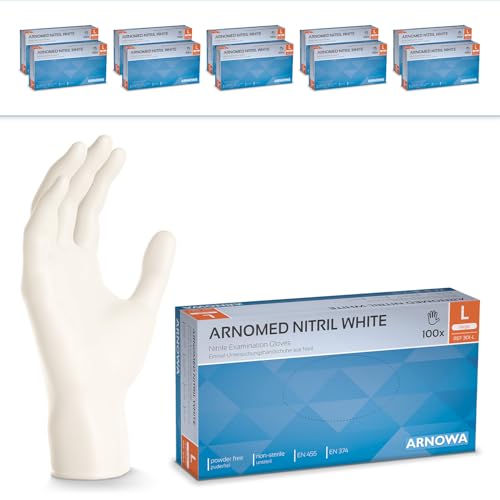 1000 Stück ARNOMED Einweghandschuhe Weiß, Einmalhandschuhe L, Nitril Handschuhe Einweg, Nitrilhandschuhe puder-/latexfrei, Gummihandschuhe Einweg, Schutzhandschuhe, Handschuhe Nitril XS, S, M, L, XL von ARNOMED