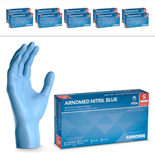1000 Stück ARNOMED Einweghandschuhe Blau, Einmalhandschuhe S, Nitril Handschuhe, Nitrilhandschuhe puderfrei, Gummi-Handschuhe Einweg, Schutzhandschuhe, Handschuhe Nitril in XS, S, M, L, XL, XXL von ARNOMED