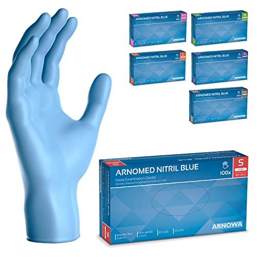 ARNOMED Nitril Einweghandschuhe 100 Stück/Box, S, puderfreie & latexfreie Einmalhandschuhe, Blaue Nitrilhandschuhe, in Gr. XS, S, M, L, XL & XXL verfügbar von ARNOMED