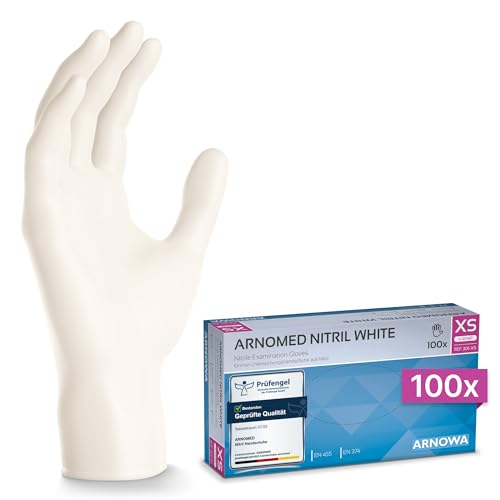 ARNOMED Nitril Einweghandschuhe 100 Stück/Box, XS, weiß, latexfreie Einmalhandschuhe, puderfreie Nitrilhandschuhe, in Gr. S, M, L & XL verfügbar von ARNOMED