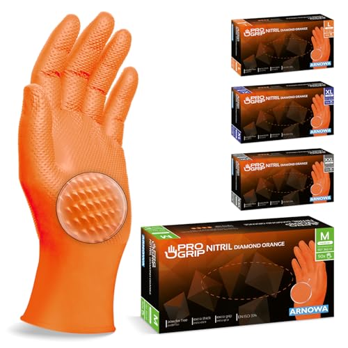 PROGRIP Einweghandschuhe Diamant Grip, Orange, Einmalhandschuhe Extra Stark, Nitrilhandschuhe Gr. M, 2x dicker, Handschuhe Einweg, Arbeitshandschuhe für Werkstatt & Montage, 200 Stück (4x50 Stk) von ARNOMED
