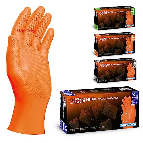 PROGRIP Einweghandschuhe Diamant Grip, Orange, Einmalhandschuhe Extra Stark, Nitrilhandschuhe Gr. XL, 2x dicker, Handschuhe Einweg, Arbeitshandschuhe für Werkstatt & Montage, 50 Stk/Box von ARNOMED